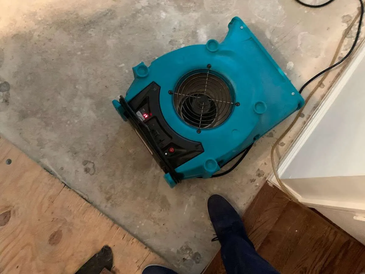 Air mover drying subfloor during Leak Detection & Repair in Lakewood